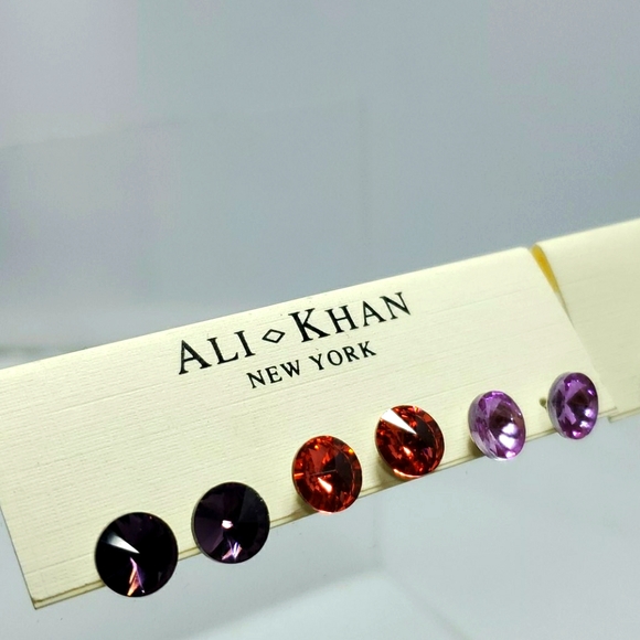 2 /$12 Ali khan 2 PKS of rhinestone trio earrings black, gray, fuschia, red,wine - Picture 2 of 4